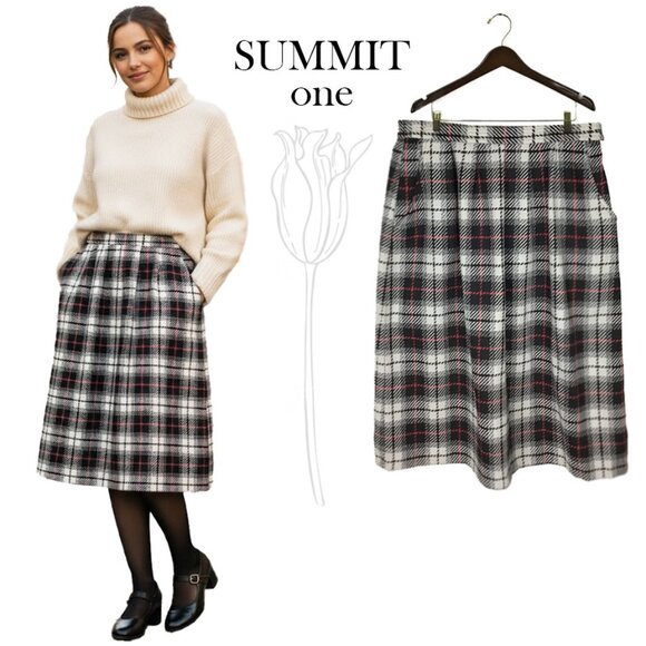 SUMMIT one Wool Blend Vintage Black, White & Red Stripes Plaid A-Line Skirt - Picture 1 of 9